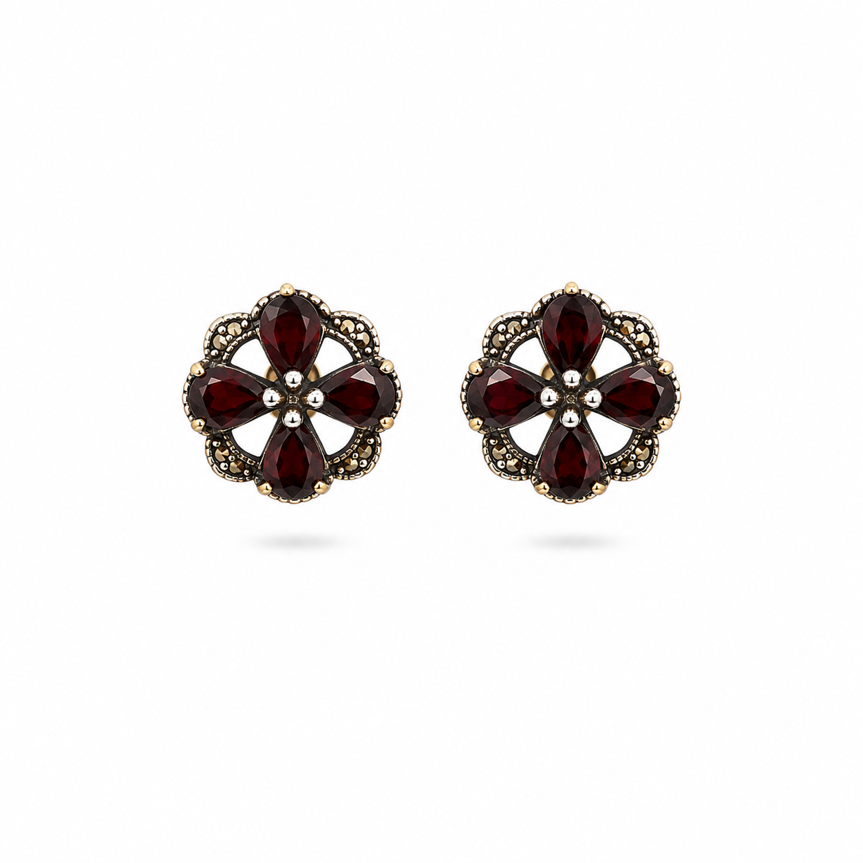 Pendientes flor de Granate Plata y Marcasita