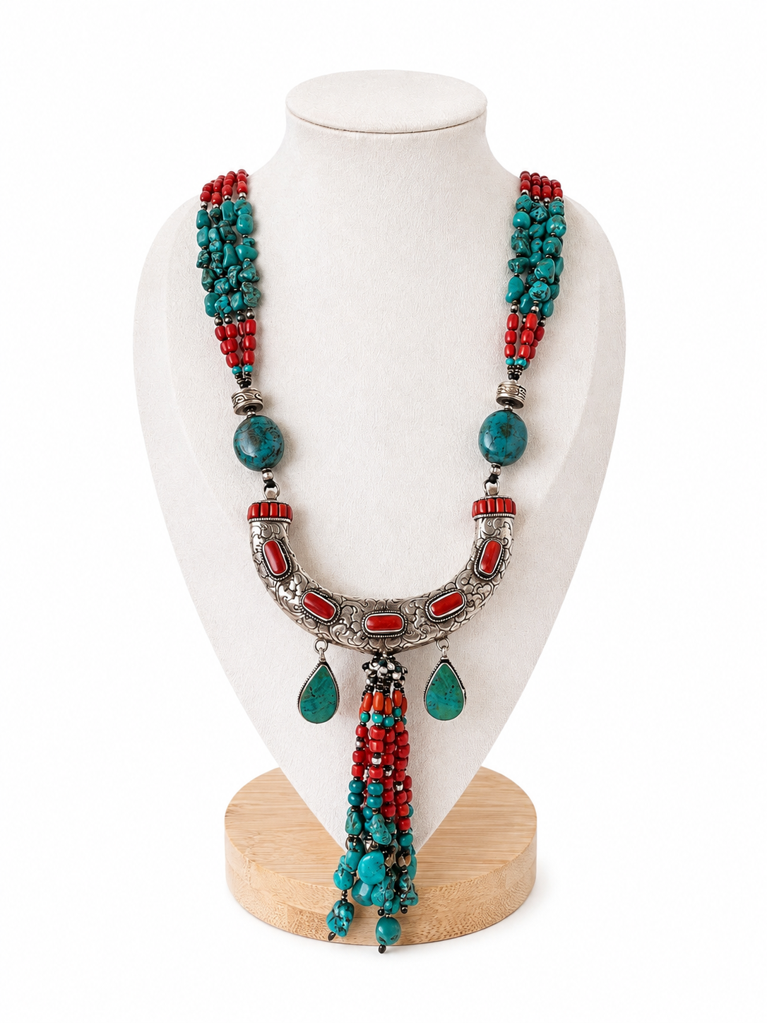 Collar de Turquesa Iraní, Coral y Plata