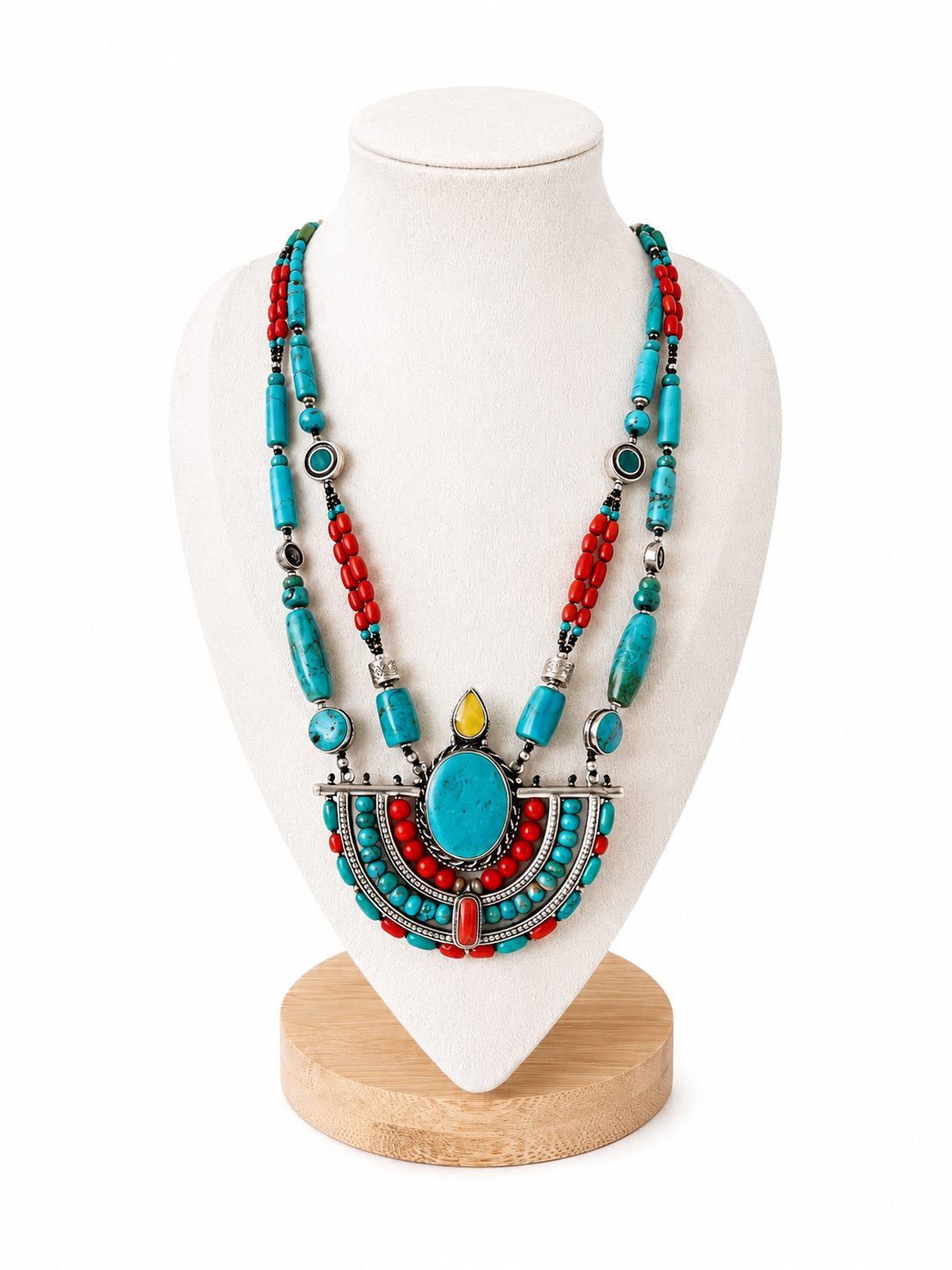 Collar de Turquesa Iraní, Coral y Plata