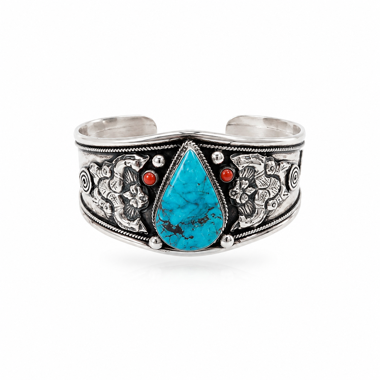 Brazalete de Turquesa Iraní, Plata y Coral