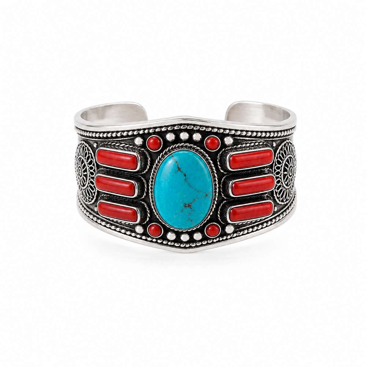 Brazalete de Turquesa Iraní, Coral y Plata