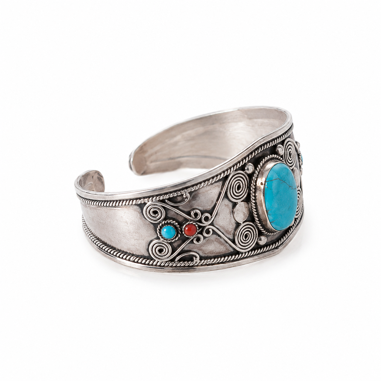 Brazalete de Turquesa Iraní, Plata y Coral