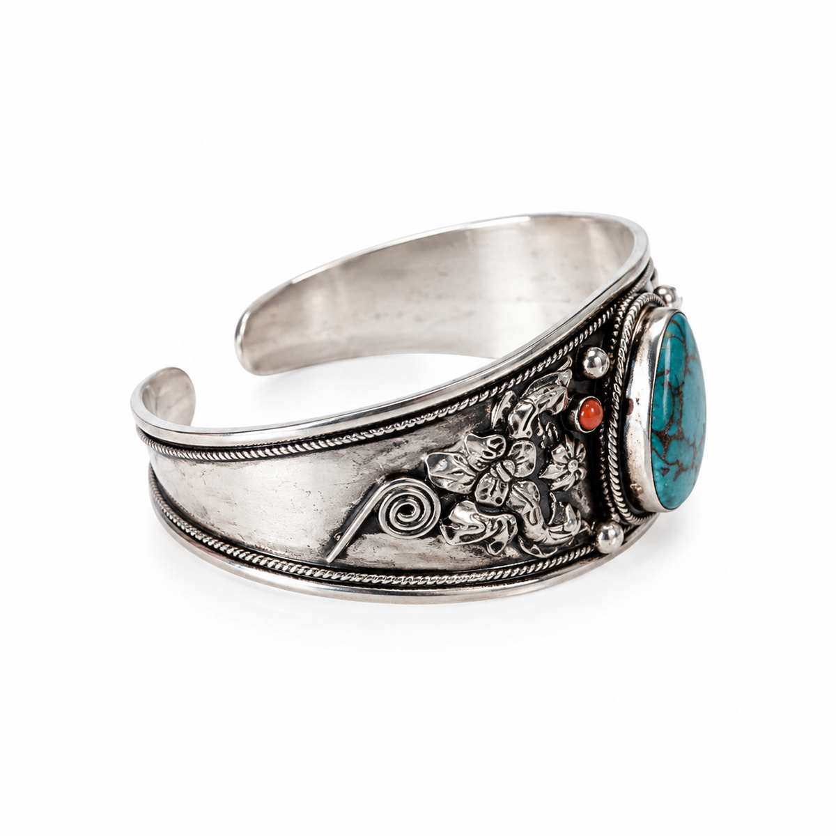 Brazalete de Turquesa Iraní, Plata y Coral