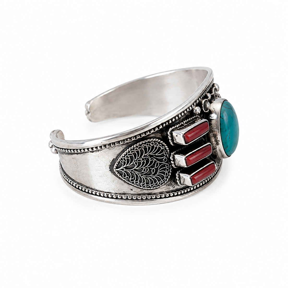 Brazalete de Turquesa Iraní, Coral y Plata