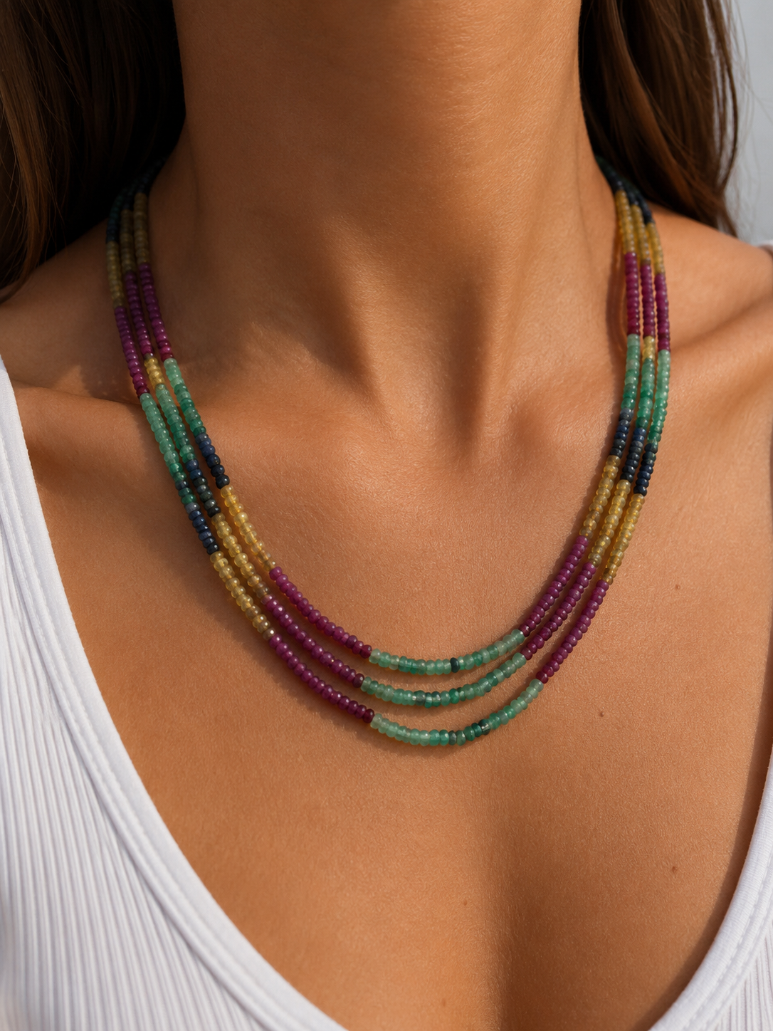 Collar de Rubí, Esmeralda y Zafiro de tres vueltas